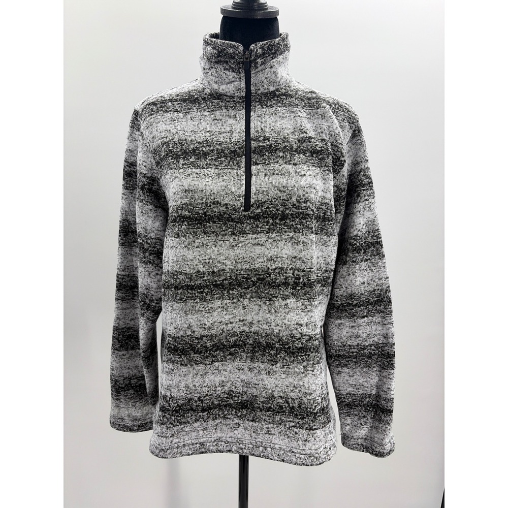 Lands End Womens Quarter Zip Fleece Pullover Space Dye Striped Gray Black Size M